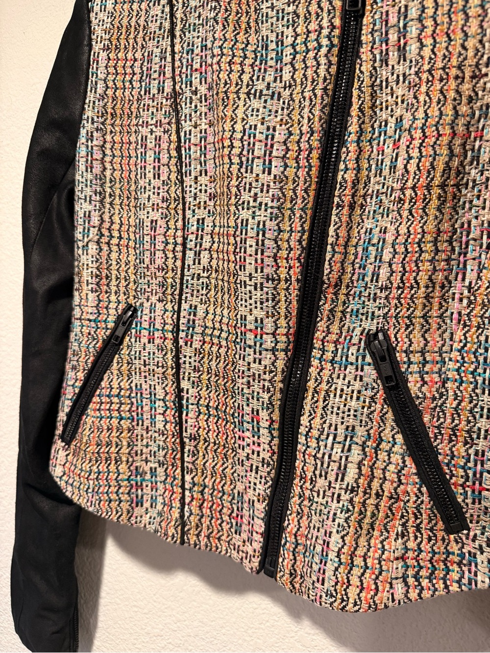 THEORY Multicolored Woven Silk w/ Soft Sueded Goat Leather Sleeves Zip Up Jacket - Picture 4 of 7